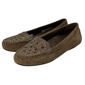 Vionic Athens Brown Taupe Jeweled Suede Leather Loafers Flats Size 7